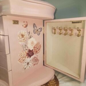Upcycled Blush Pink Floral Jewelry Armoire Box Mirror Drawers Cottagecore